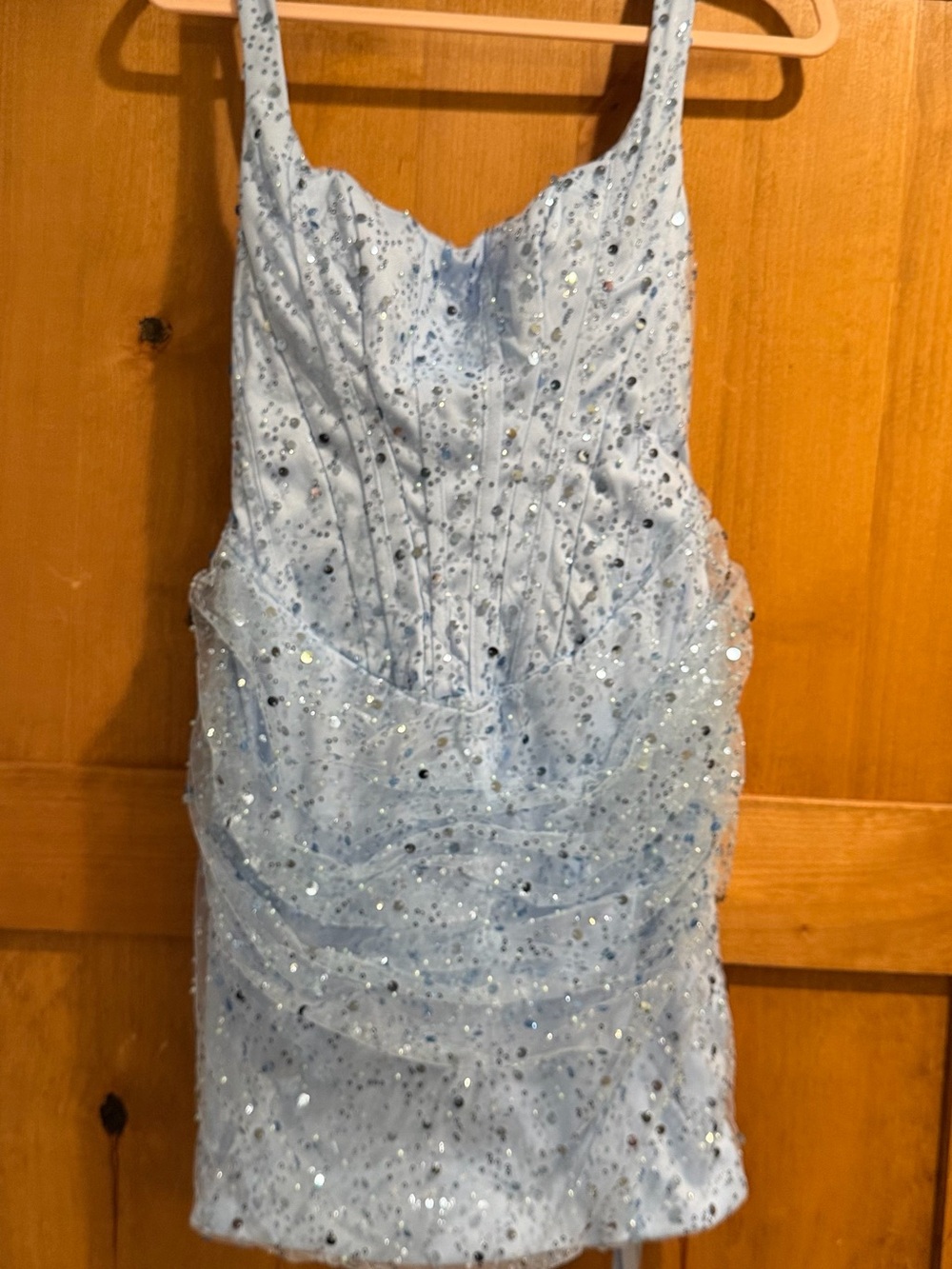 Light Blue Sequin Cocktail Dress with Spaghetti Straps size 2